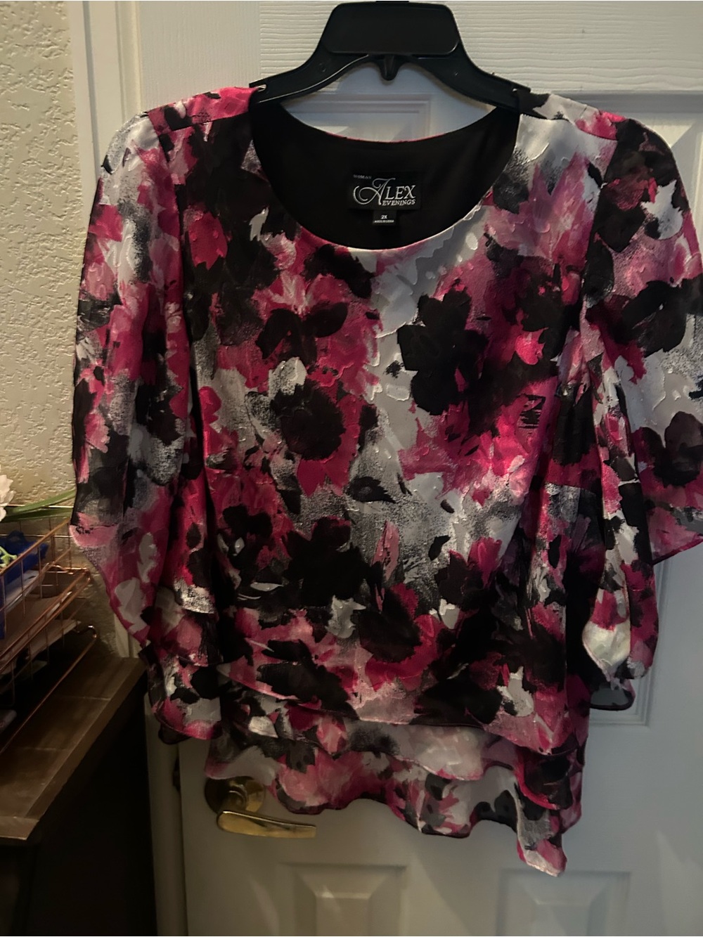 Alex Evenings Pink Black Floral Layered Evening Blouse size 2XL.